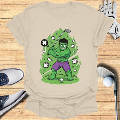 Hulk swinging a golf club at a golf ball.