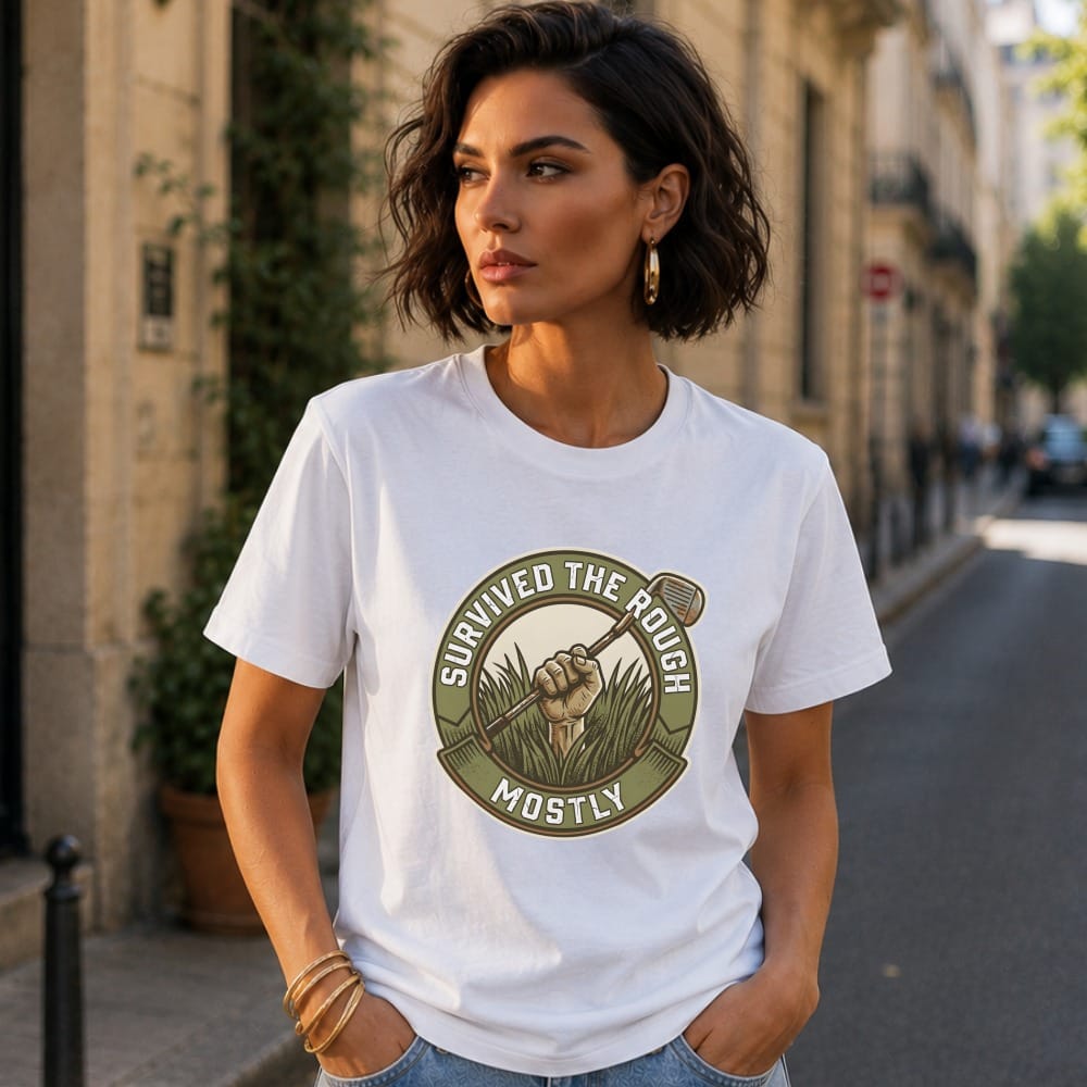 White t-shirt with "Survived the Rough Mostly" slogan and golf club graphic.
