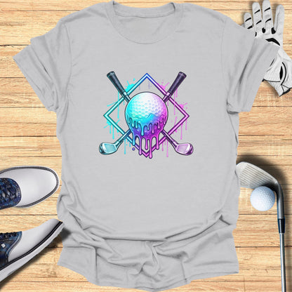 Dripping golf ball and clubs on diamond, a shirt design.