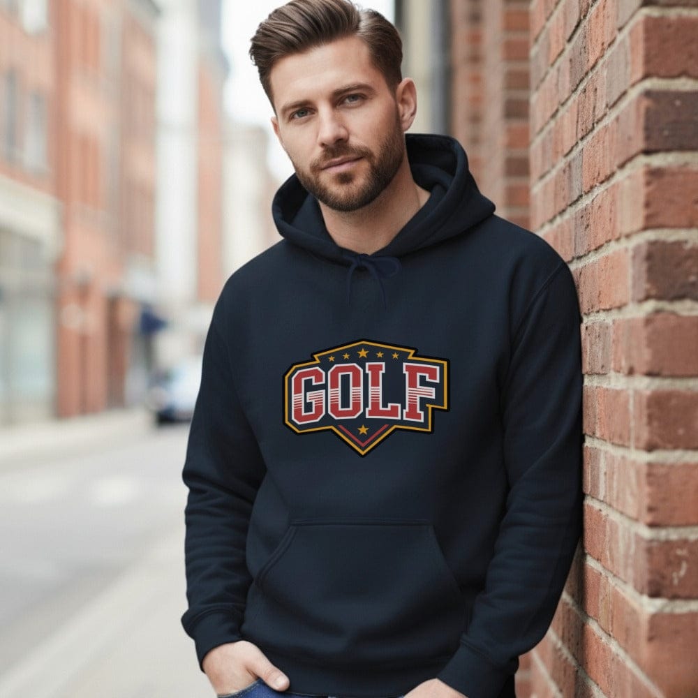 Stylish Black Hoodie with Bold Golf Print Design