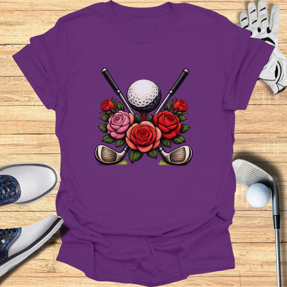 Crossed Golf Clubs with Roses Design T-Shirt