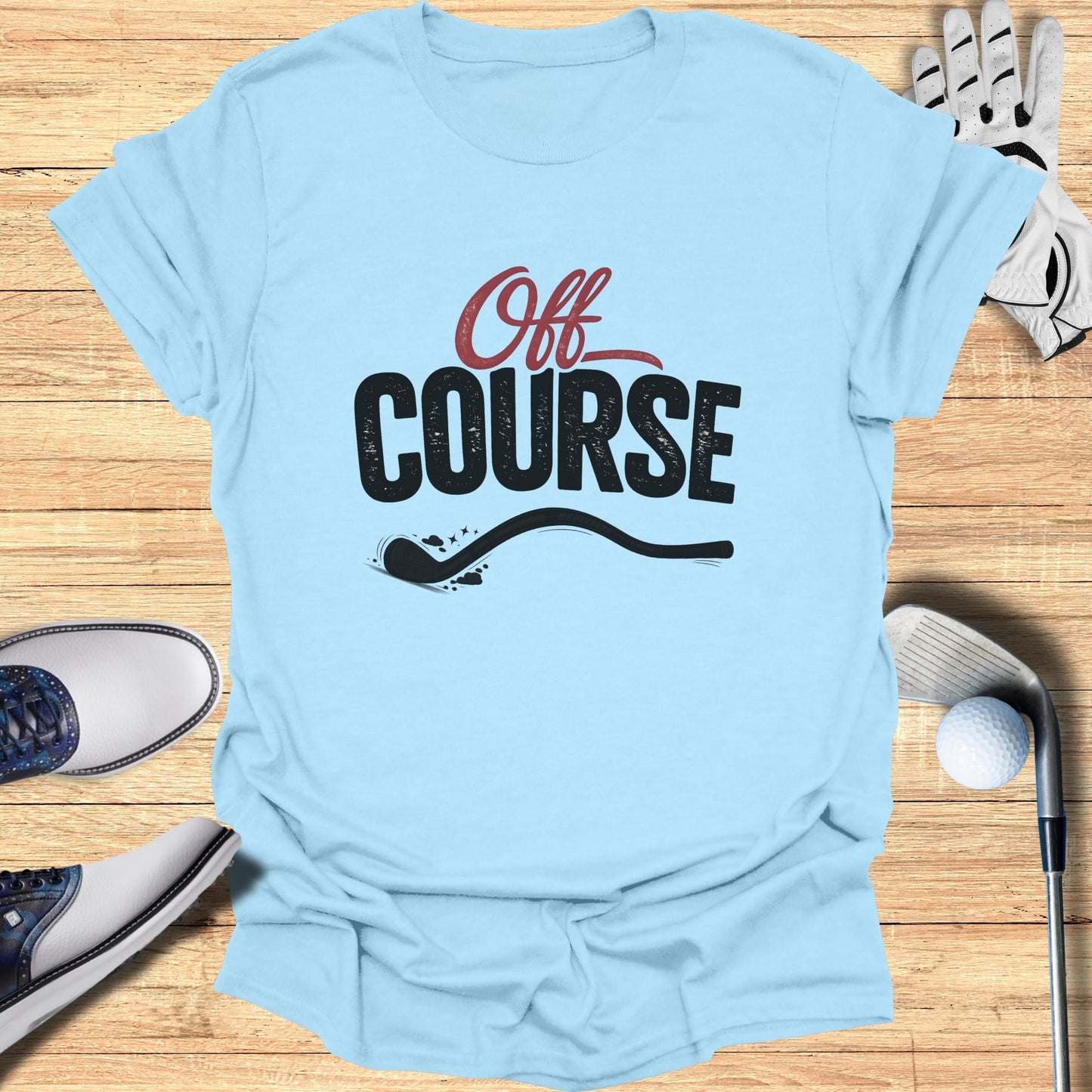 Light blue t-shirt with "Off Course" text and golf club graphic.