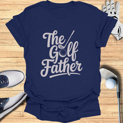 Navy t-shirt with "The Golf Father" text and golf equipment.