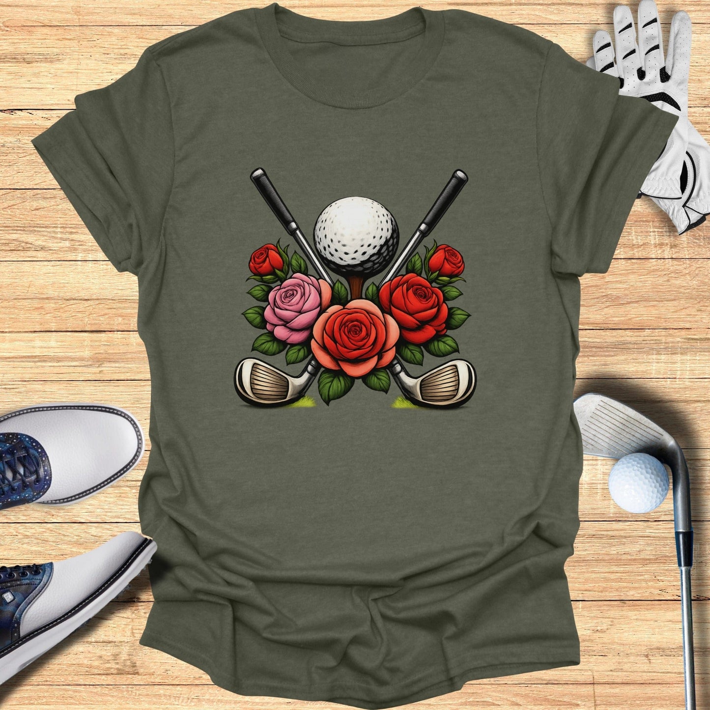 Golf Ball and Clubs with Roses Graphic T-Shirt