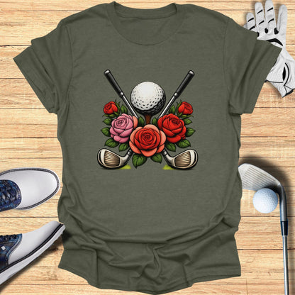 Golf Ball and Clubs with Roses Graphic T-Shirt