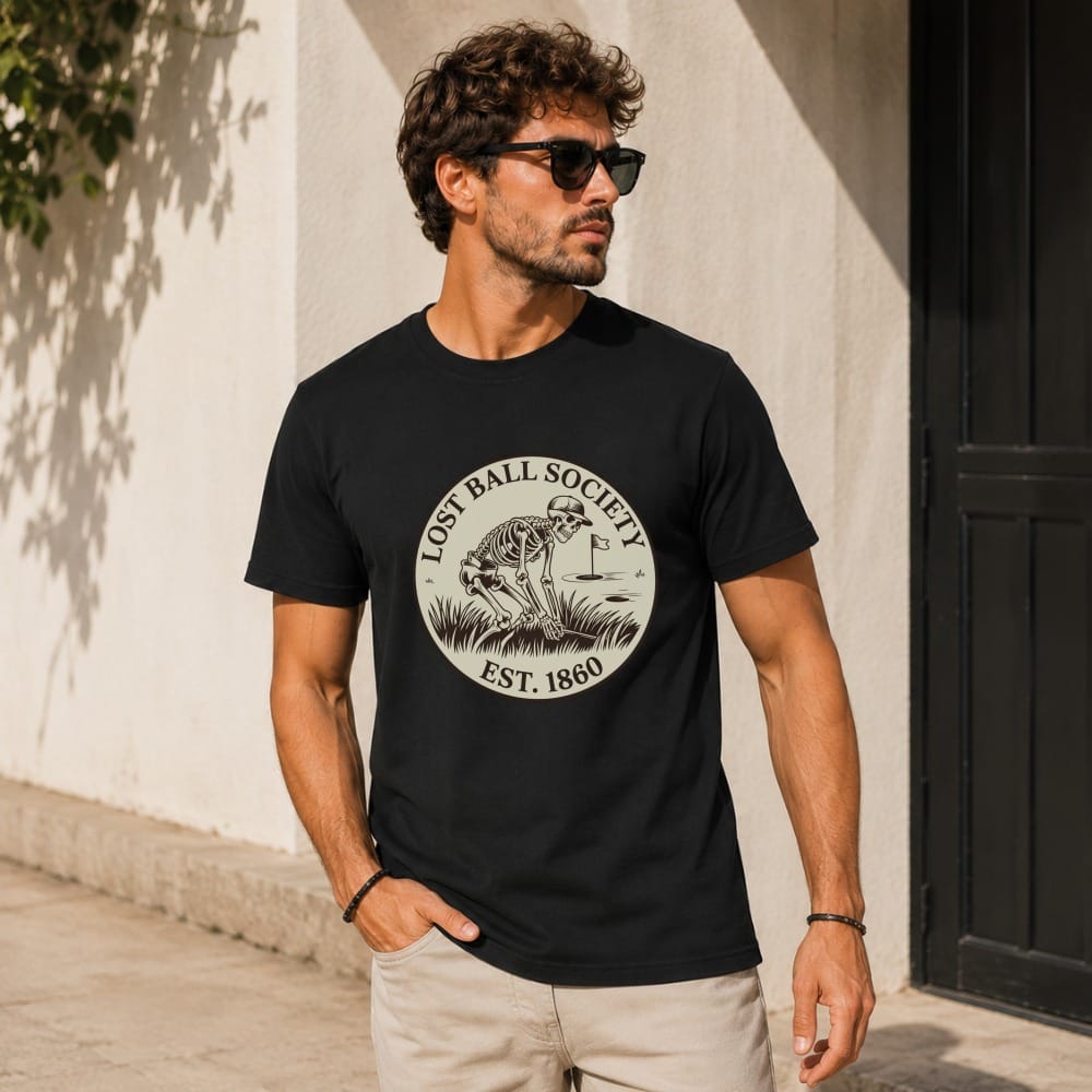 Man wearing black t-shirt with "Lost Ball Society Est. 1860" skeletal golf design.
