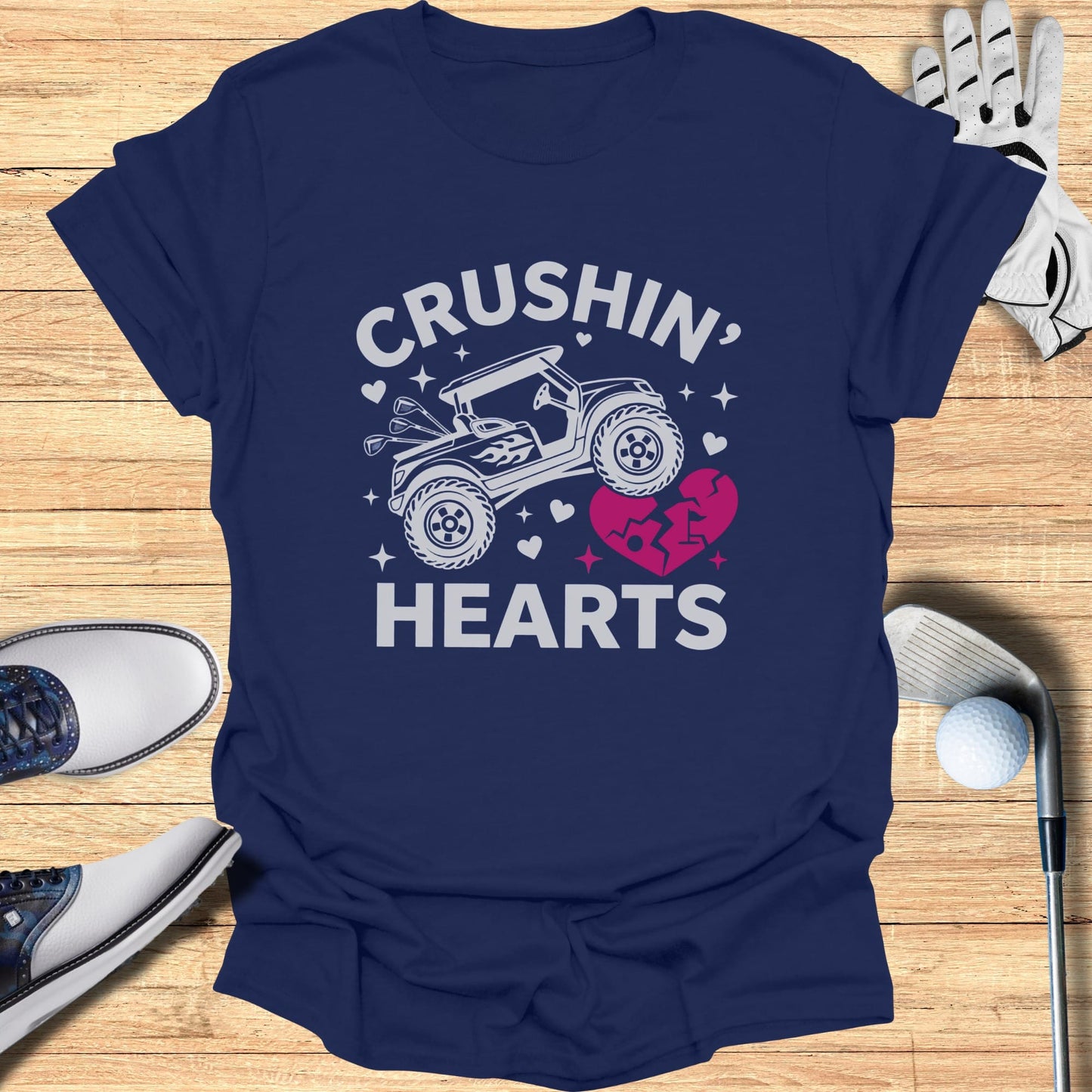 Navy t-shirt with "Crushin' Hearts" and golf cart graphic.