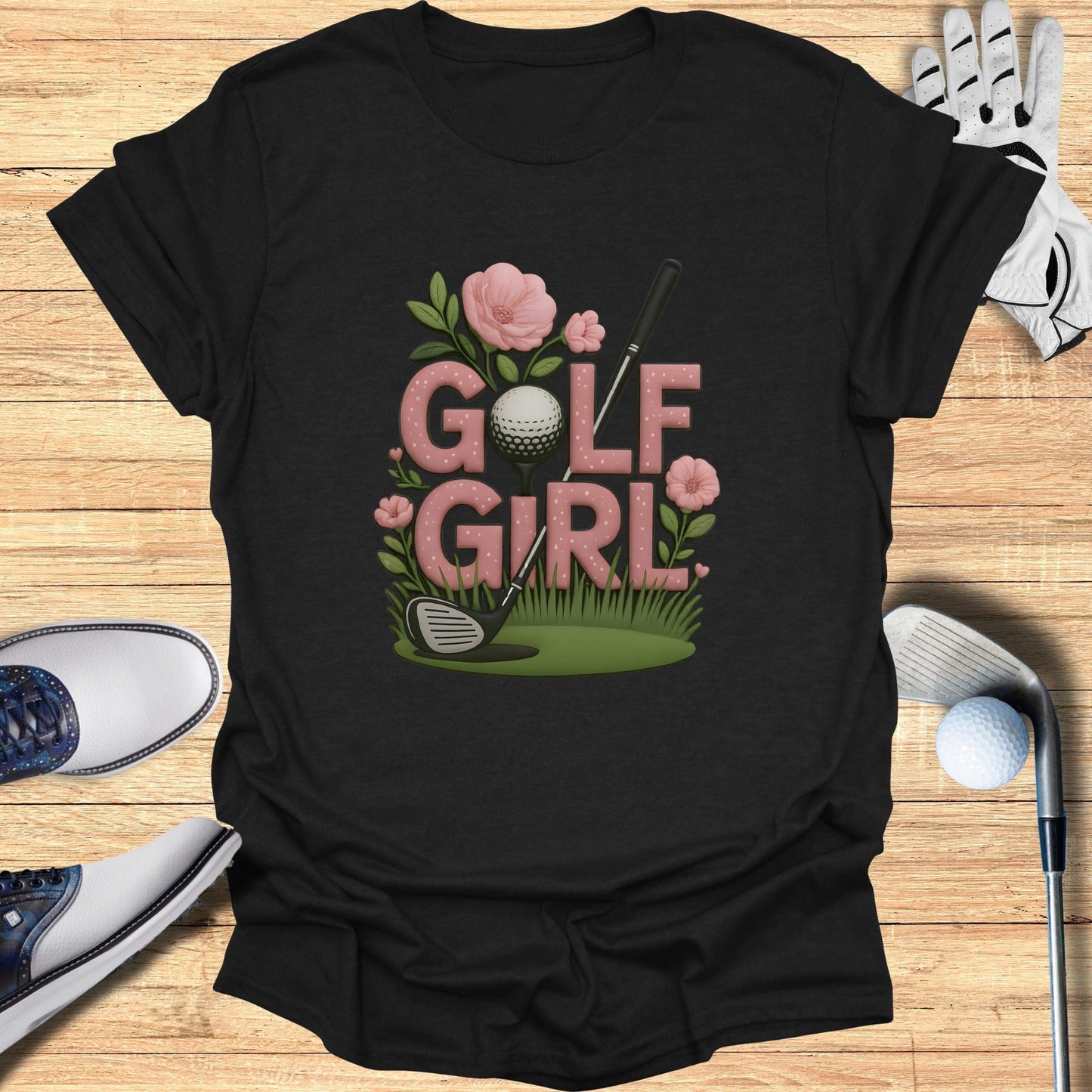 Cute Golf Girl Flowers and Clubs Graphic Tee