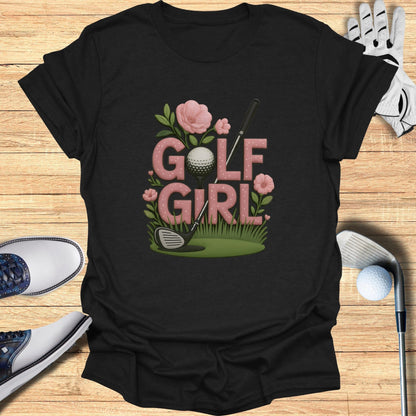 Cute Golf Girl Flowers and Clubs Graphic Tee