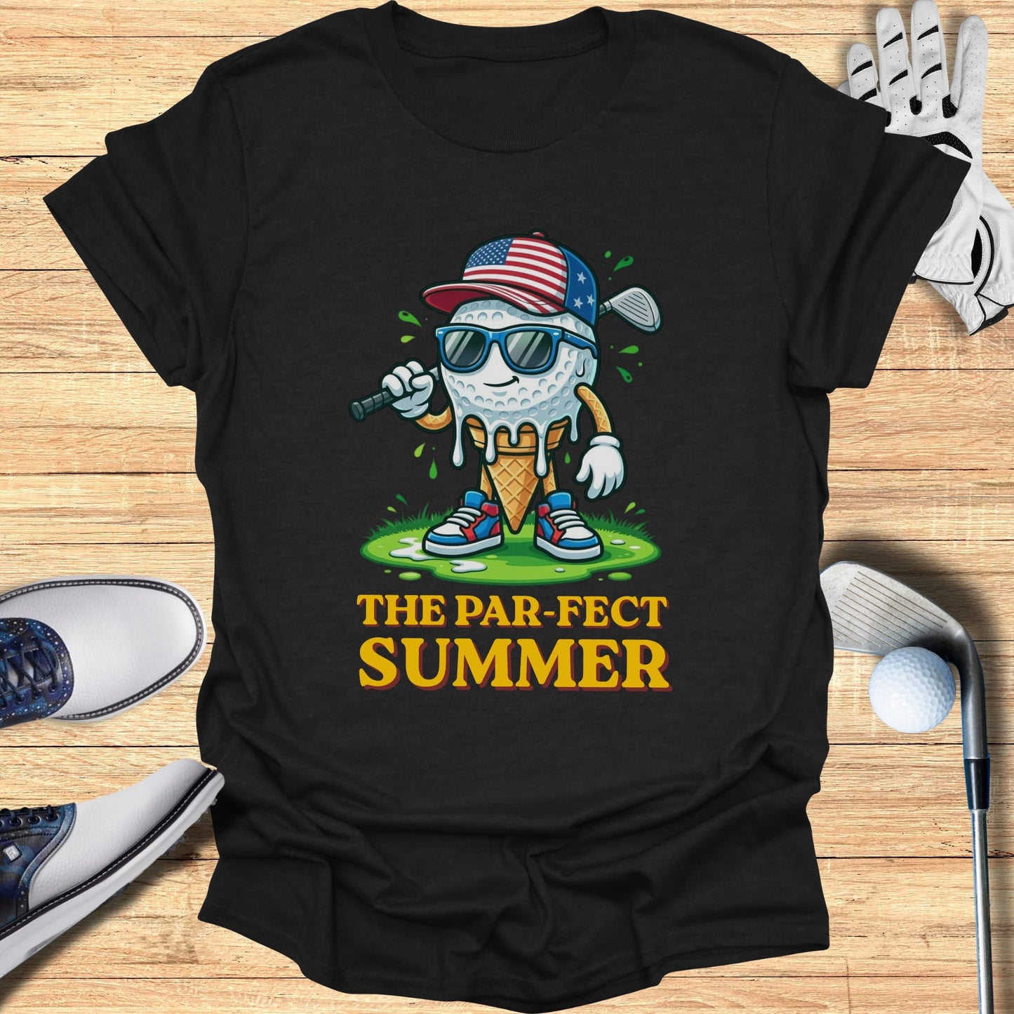 Ice cream cone character with sunglasses and American flag golf hat, text "The Par-Fect Summer".