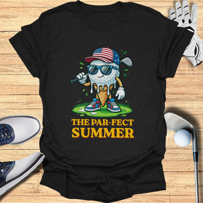 Ice cream cone character with sunglasses and American flag golf hat, text "The Par-Fect Summer".