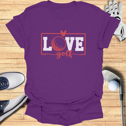 Purple t-shirt with "LOVE golf" and a golf ball in a heart.