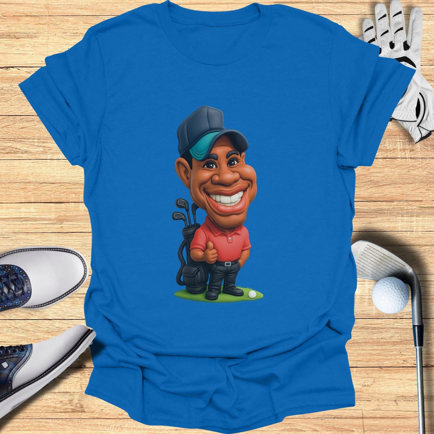 Cartoon Golfer Design on Blue T-Shirt Golf Theme Shirt