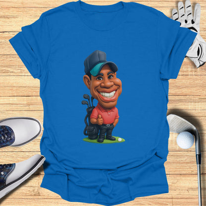 Cartoon Golfer Design on Blue T-Shirt Golf Theme Shirt