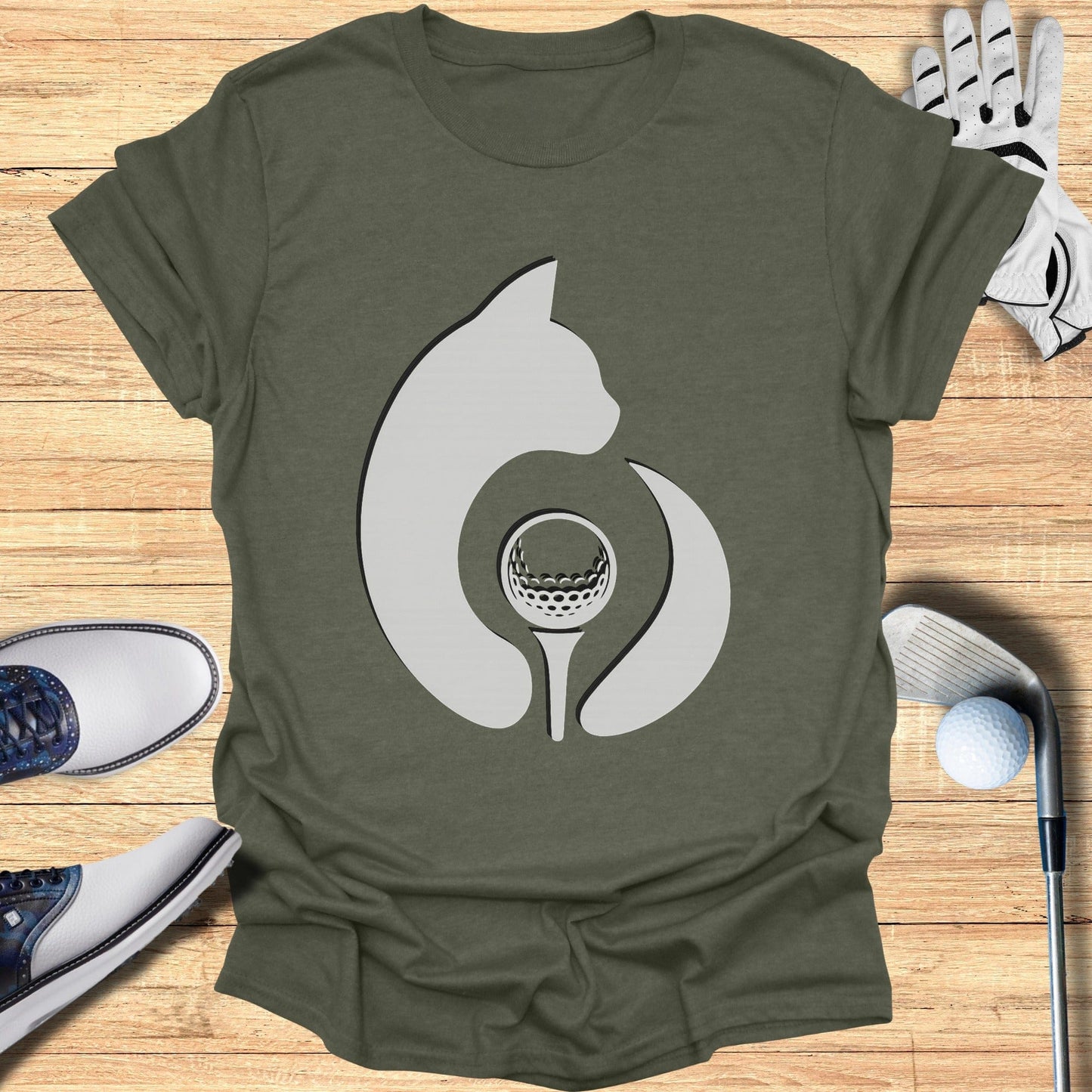 Cat and Golf Ball Graphic Design T-Shirt