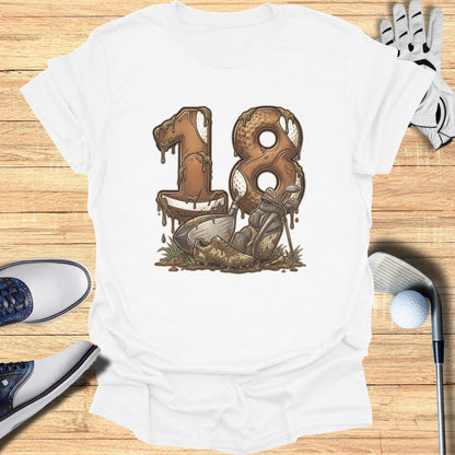 White t-shirt with "18" made of donuts and football, with golf equipment.