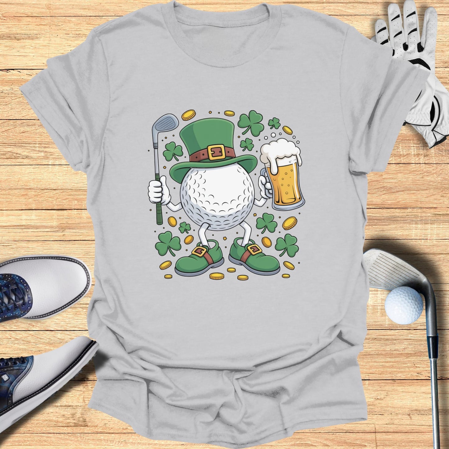 Cartoon golf ball wearing a leprechaun hat holding a golf club and beer.