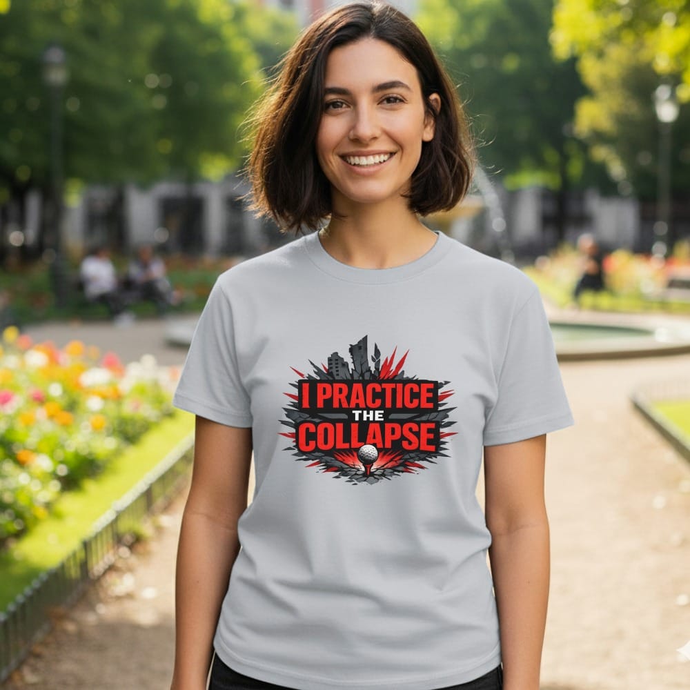 Light grey t-shirt with "I Practice The Collapse" text and golf ball graphic.