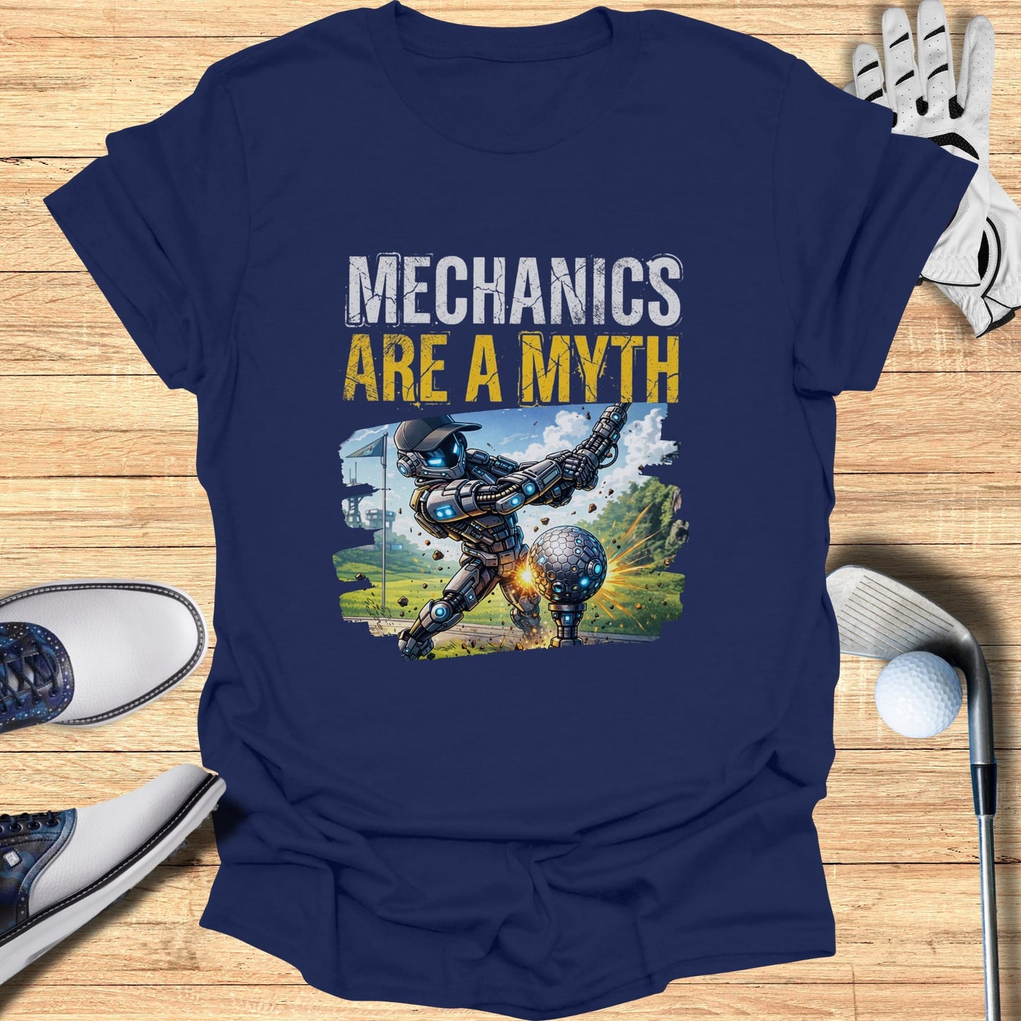 Robot golfer swinging club at a golf ball, "Mechanics Are A Myth" text.