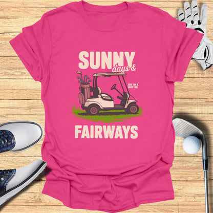 Pink t-shirt with "Sunny Days & Fairways" text and golf cart graphic.