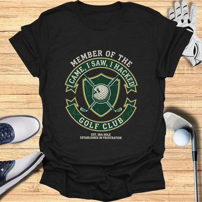 Green and white "Member of the Golf Club" t-shirt with golf ball and crossed clubs design.
