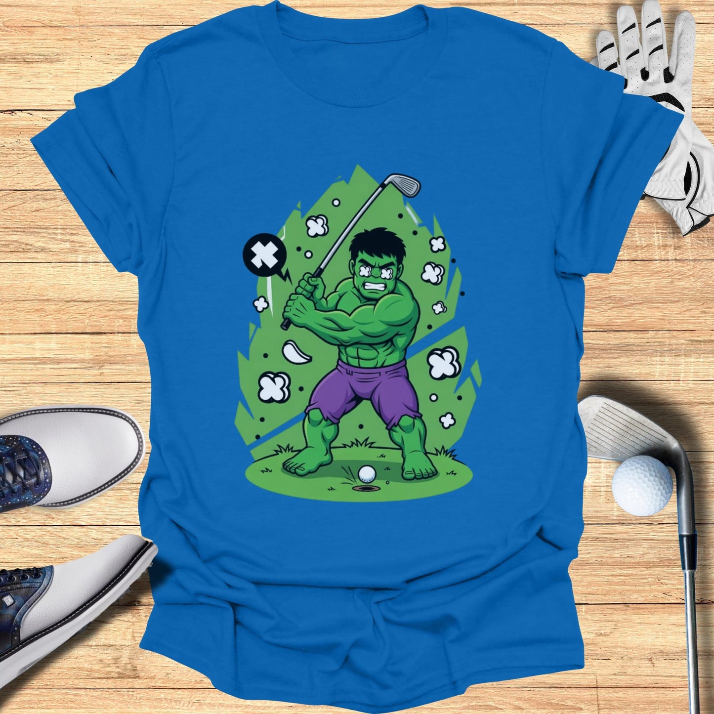 Hulk swings a golf club with a golf ball on a tee.