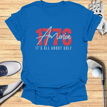Blue t-shirt with "America" and "IT'S ALL ABOUT GOLF" text.