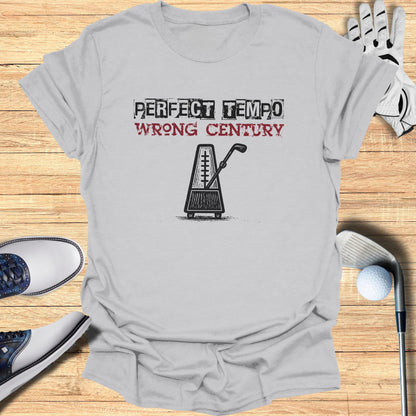 T-shirt with metronome graphic and text "PERFECT TEMPO WRONG CENTURY".