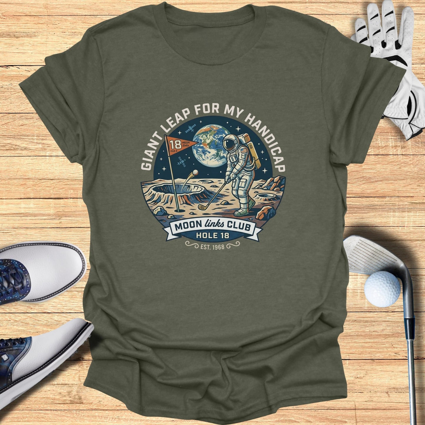 Astronaut on moon hitting golf ball, "Giant Leap for My Handicap" text.