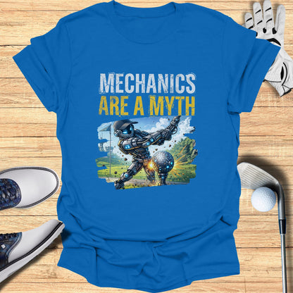 Robot mechanic playing golf with the text "Mechanics are a myth".