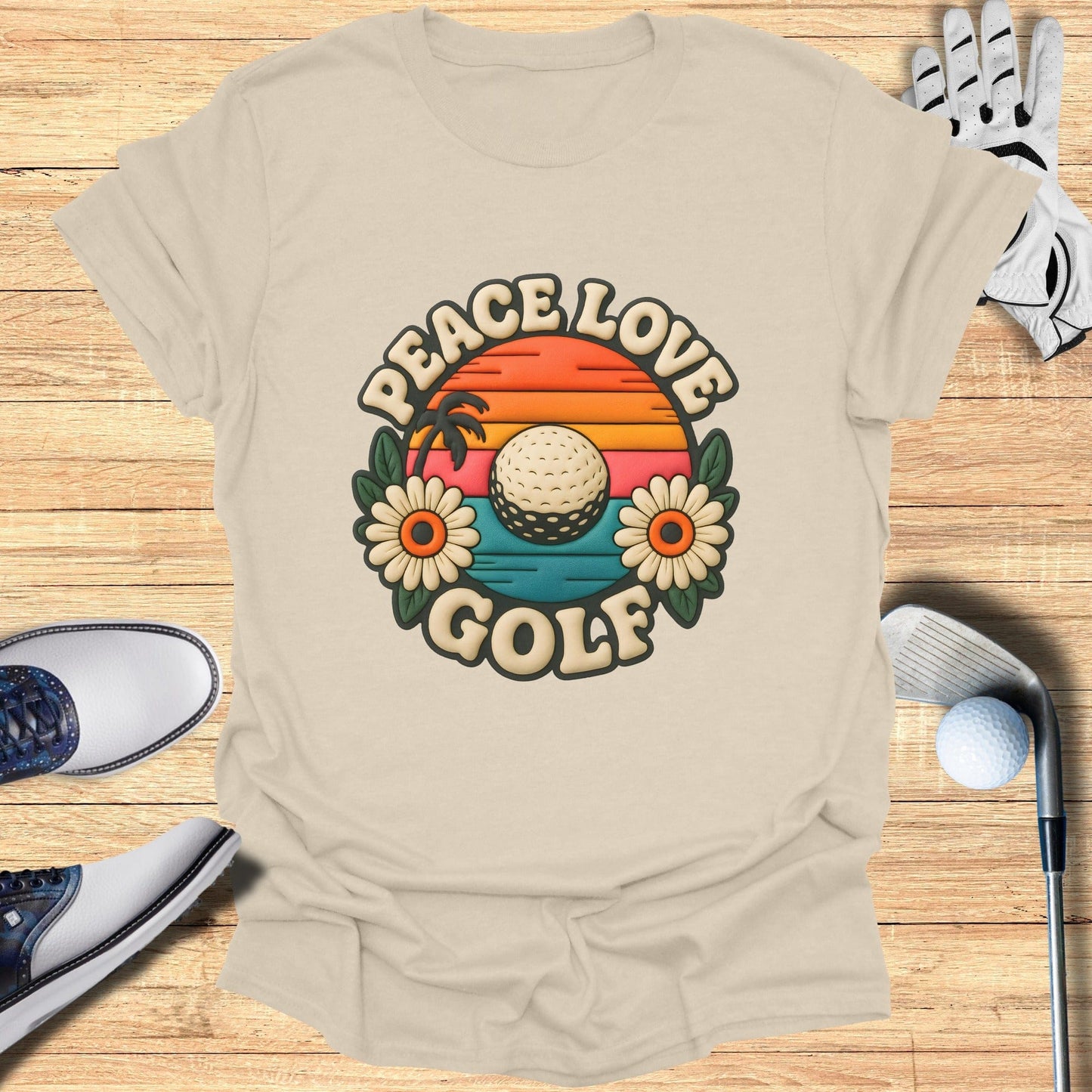 Peace Love Golf Retro Sunset and Flowers Shirt