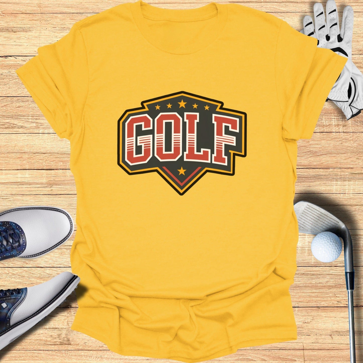 Trendy Yellow GOLF Graphic Tee for Sports Enthusiasts