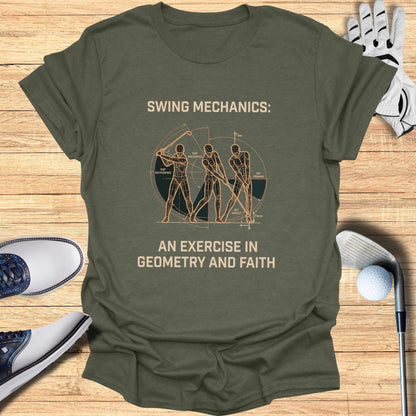 T-shirt with golf swing mechanics diagram, "AN EXERCISE IN GEOMETRY AND FAITH."
