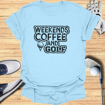 Light blue t-shirt with "Weekends Coffee and Golf" text and golf accessories.