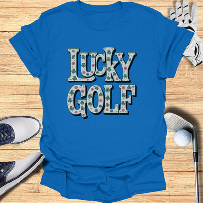 Blue t-shirt with "Lucky Golf" text, shamrocks, and pink flowers.