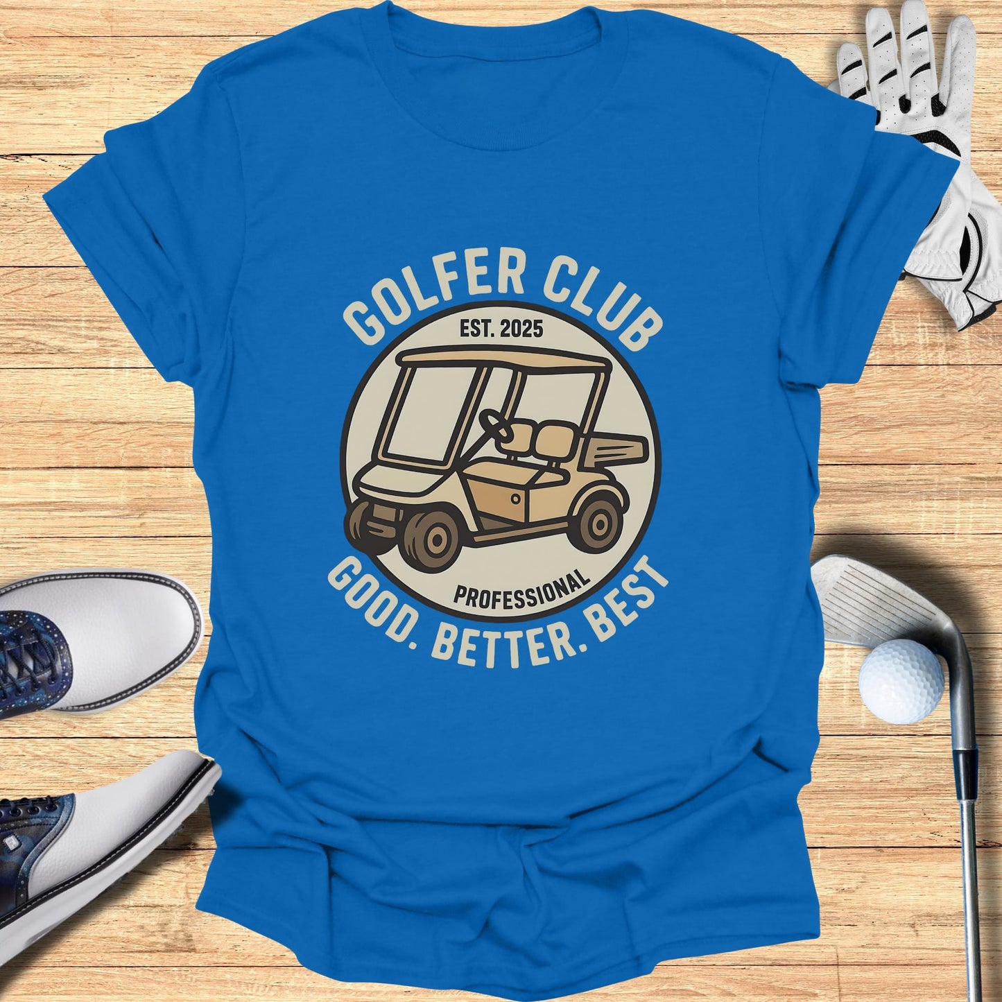 Blue t-shirt with "Golfer Club" text and golf cart illustration.