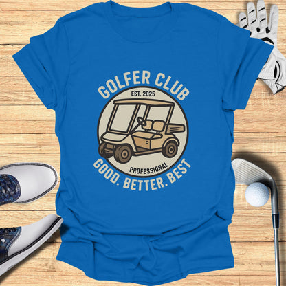 Blue t-shirt with "Golfer Club" text and golf cart illustration.
