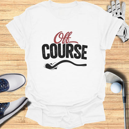 White t-shirt with "Off Course" text and golf accessories.