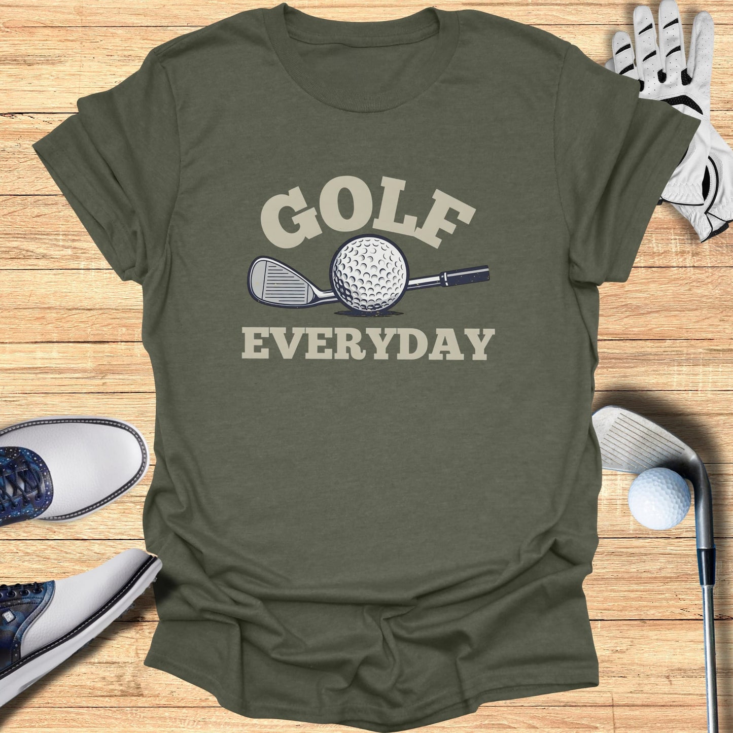 Olive t-shirt with "Golf Everyday" text and golf club graphic.