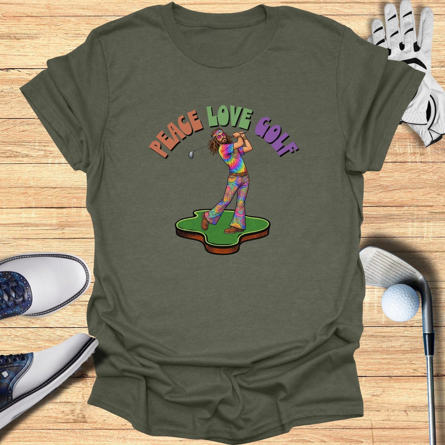 Peace Love Golf Hippie Graphic Tee for Golf Lovers