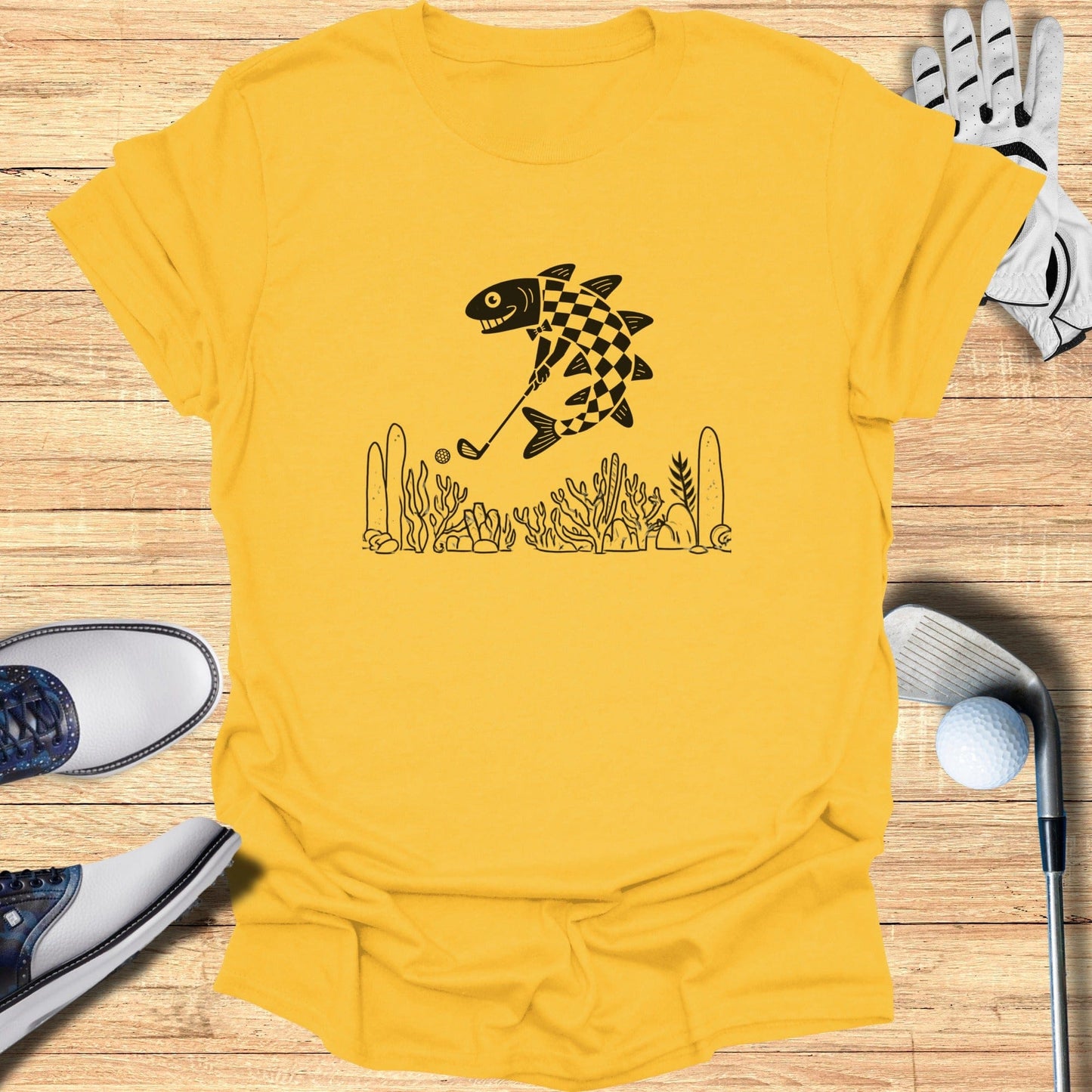 Yellow T-shirt with Artistic Fish Golf Design