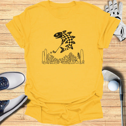 Yellow T-shirt with Artistic Fish Golf Design