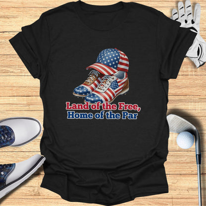 Black t-shirt with "Land of the Free, Home of the Par" and patriotic golf shoes and hat graphic.