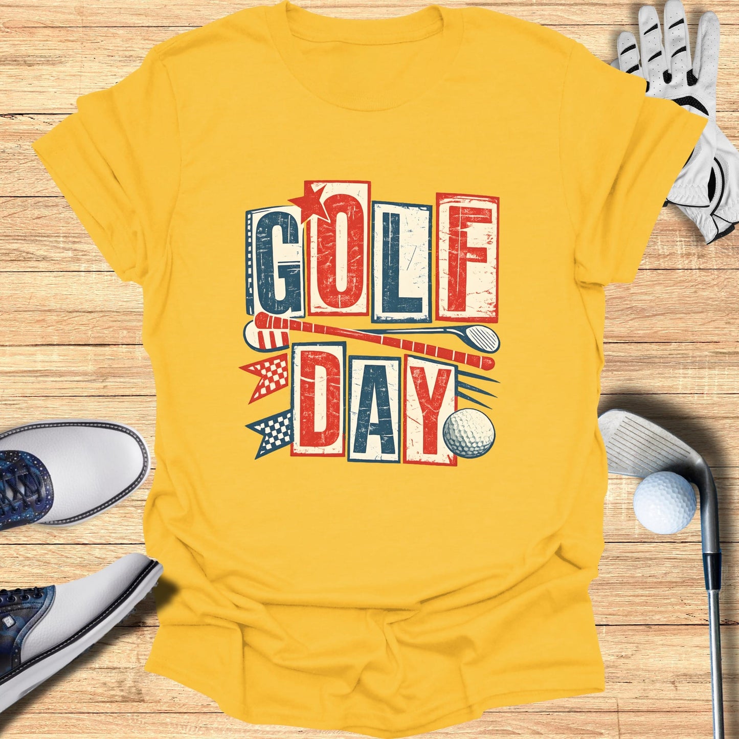 Yellow t-shirt with "GOLF DAY" text, golf clubs, and a golf ball.