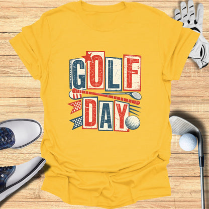 Yellow t-shirt with "GOLF DAY" text, golf clubs, and a golf ball.