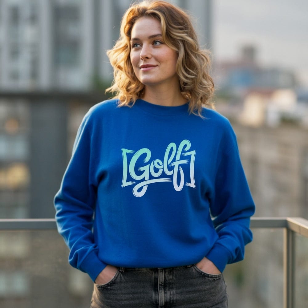 Stylish blue sweatshirt with eye catching Golf text