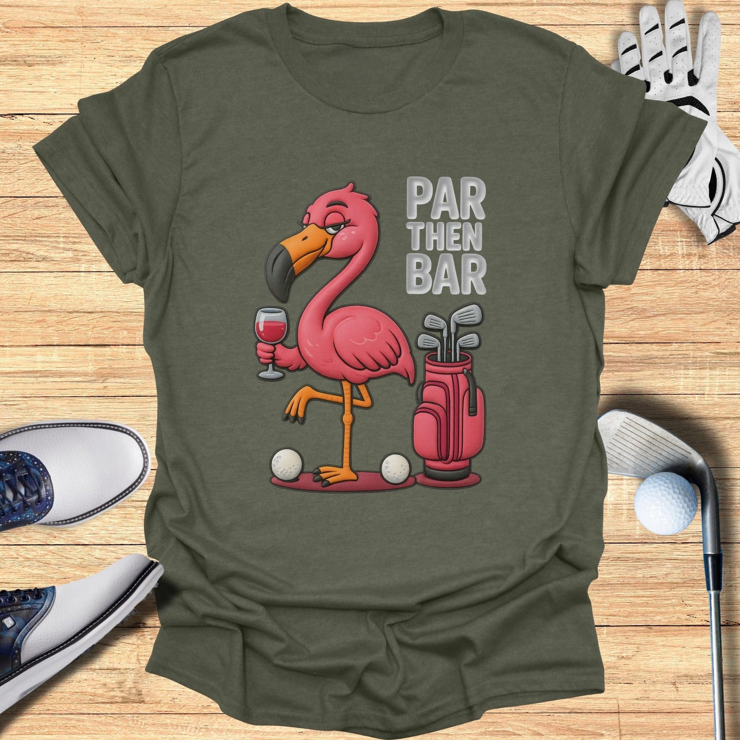 Par Then Bar Flamingo Golf Cartoon T-Shirt