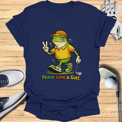 Frog wearing a golf outfit and holding a club with "Peace, Love, & Golf" text.