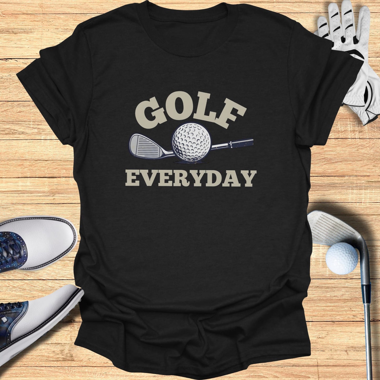 Black t-shirt with "GOLF EVERYDAY" text and golf club graphic.