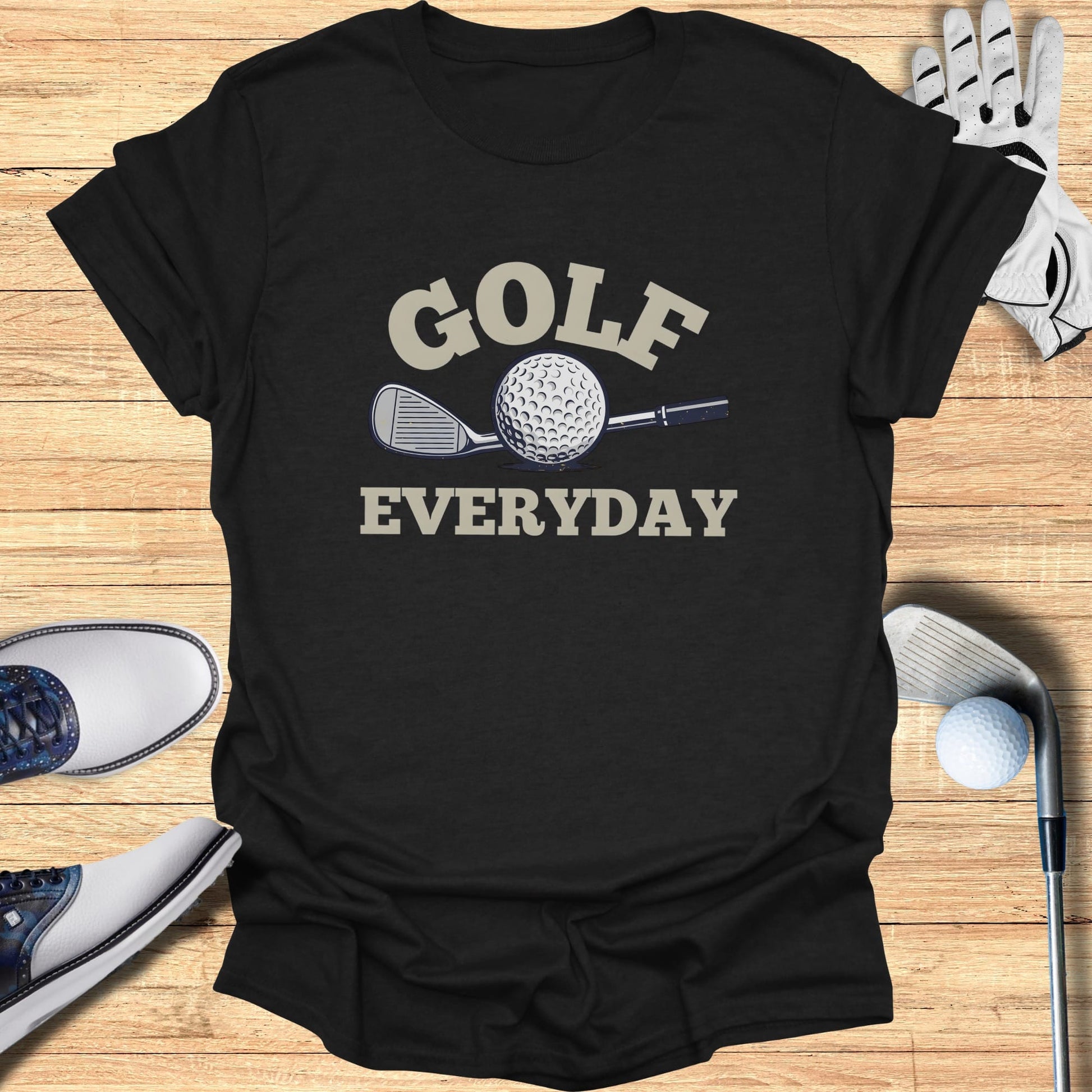 Black t-shirt with "GOLF EVERYDAY" text and golf club graphic.